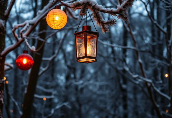 winter waldlichtung laternenlicht weihnachtskugeln dezentral