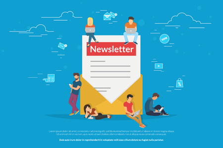 Envelope with a newsleter concept vector illustration of young man and woman receiving commercial letters and promotion offers on laptop digital tablets and smart phones flat newsletter subscribers