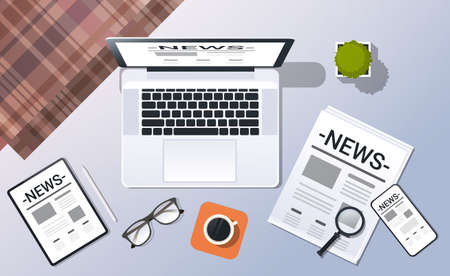 Mass media news concept top angle view desktop laptop smartphone tablet newspaper office stuff horizontal vector illustration