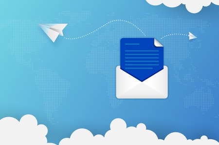 Paper envelope with abstract document flying paper planes and clouds email concept vector illustration