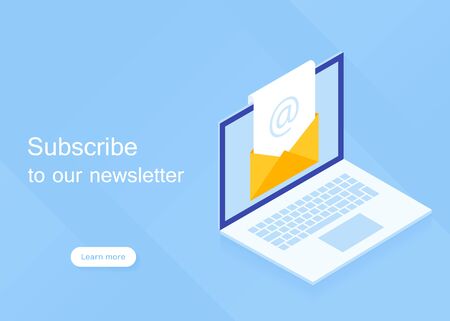 Subscribe to our newsletter isometric laptop with newsletter in open envelope modern vector illustration in isometric style