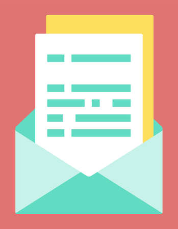 Content management open envelope with documents text information vector illustration letter with papers paperwork organization concept deadline and project development spam sign chat blog