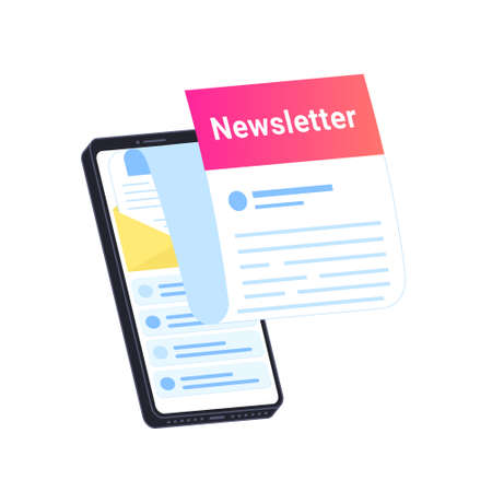 Newsletter subcription online in mobile app flat vector illustration of big smartphone with new monthly letter flying out of screen for staying up to date and get news and updates on white background Stock Photo