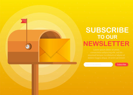 Mailbox with a letter inside in a flat style on a yellow background subscribe to our newsletter vector illustration