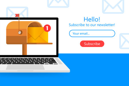 Mailbox with a letter inside in a flat style on a yellow background subscribe to our newsletter vector illustration Stock Photo