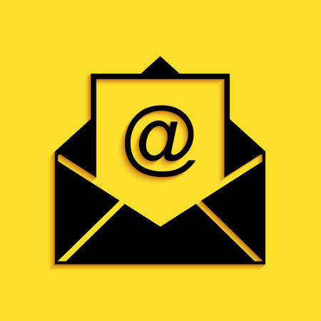 Black mail and e mail icon isolated on yellow background envelope symbol e mail email message sign long shadow style vector