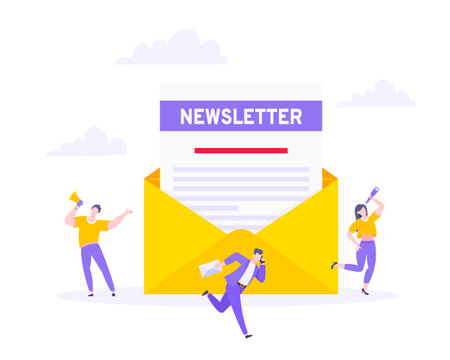 Subscribe now to our newsletter vector illustration with tiny people working with envelope and newsletter email news subscription or mail marketing business flat style design concept