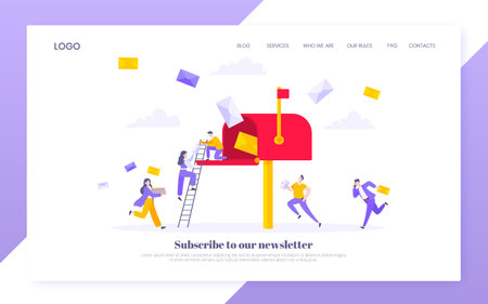 Subscribe now to our newsletter vector illustration with tiny people running toward mailbox email news subscription or mail marketing business flat style design landing page website template concept Stock Photo