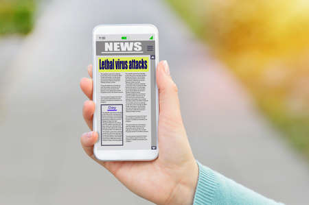 Online news in mobile phone close up of smartphone screen woman reading articles in application hand holding smart device mockup website newspaper and portal on internet