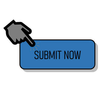 Forefinger press on blue submit now button flat minimal cpc logotype graphic design on white background