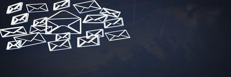 Multiple white letters and one opened white letter in envelop against blue background digitally generated image