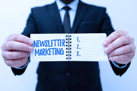 Writing displaying text newsletter marketing word for act of sending a commercial messages to customer presenting new plans and ideas demonstrating planning process