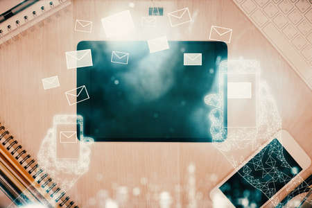 Multi exposure of envelop technology theme drawing over table with phone top view concept of electronic mail