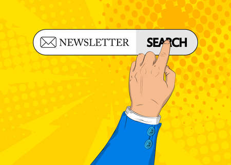 Virtual search bar with newsletter text and symbol business marketing campaign internet mailing businessman pushing his right hand index finger to touch a search icon Vector Illustration