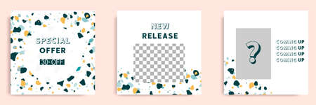 Set collection of colorful social media post sale discount promotion template ad banner with terrazzo seamless pattern modern minimalistic trendy abstract background vector illustration