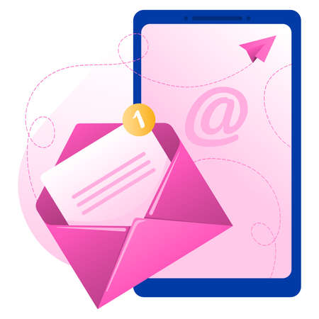 Pink envelope with document with email icon on the background of the phone concept of receive message email subscribe email application on the phone vector illustration in flat style Stock Photo