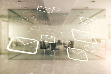 Abstract virtual postal envelopes sketch on a modern furnished office interior background e mail and marketing concept double exposure Stock Photo