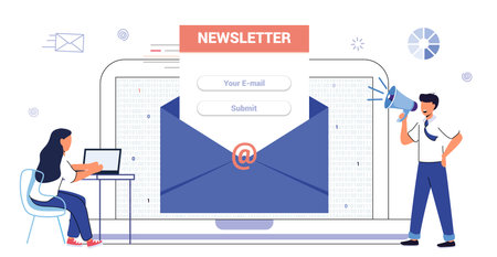 Email subscribe vector flat illustration concept subscription to newsletter news offers promotions email marketing system a letter in an envelope subscribe submit send by mail