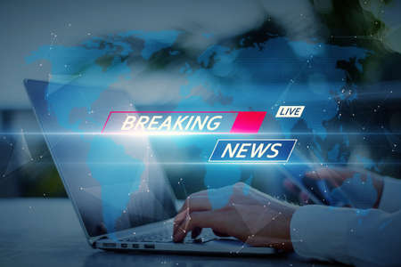 Close up of businessman hand using laptop and cellphone with polygonal network and map on blurry blue breaking news pattern background headline communication and global world concept double exposure Stock Photo