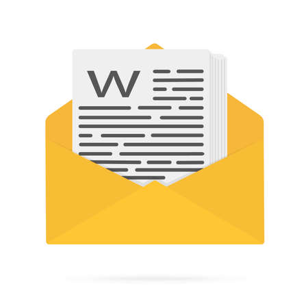 Envelope yellow with sheets of paper and text and leter w new email flat design illustration stock vector graphics