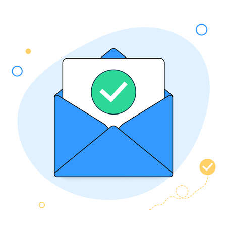 Opened envelope and document with green check mark line icon official confirmation message mail sent successfully e mail delivery verification email flat design vector