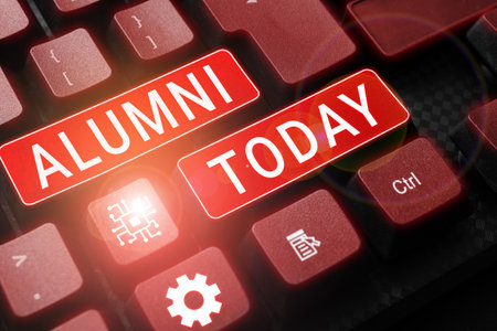 Hand writing sign alumni word written on former pupil or student especially male one of particular school