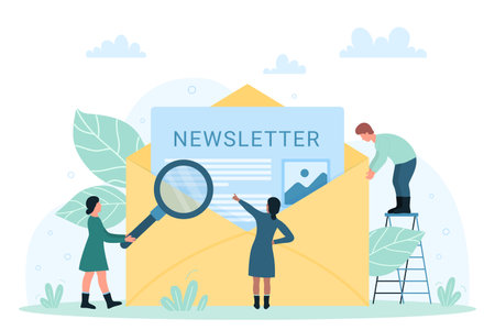 Email and popup message subscription vector illustration cartoon tiny people looking through magnifying glass at newsletter in envelope subscribe and research latest blog news online store offers Stock Photo