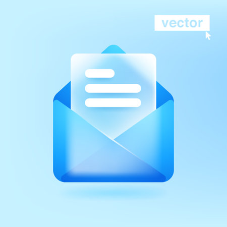 Opened envelope with note paper card in glassmorphism style mail icon made of matte glass and blue blur back vector illustration for social presentation ui screen business banner app design