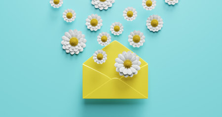 Flowers fly out of an open envelope 3d rendering Stock Photo
