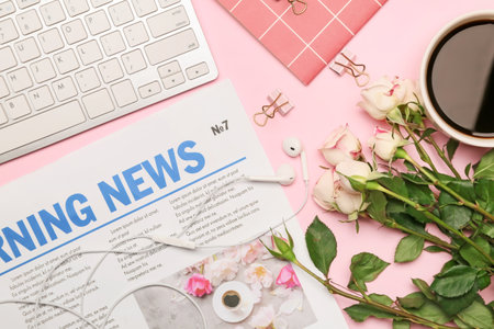 Computer keyboard with stationery newspaper and cup of coffee on color background