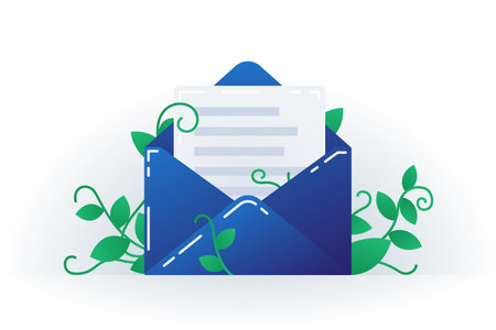 An open blue envelope with a letter on a white background with green leaves around the edge email notification letter icon with lines vector bright message icon for web computer and mobile app