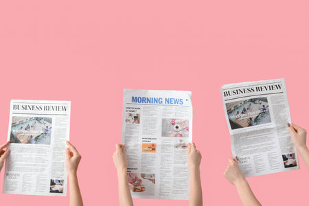 Women with newspapers on pink background Stock Photo