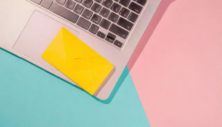 Laptop and yellow envelope on a blue and pink background top view