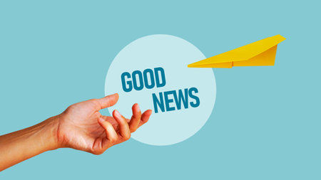 Good news are shown using the text collage with the hand receiving the paper airplane with happy message