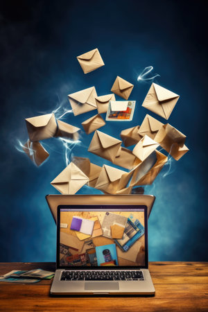 Email marketing concept with envelopes and laptop created with generative ai