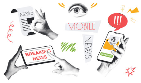 Mobile news vintage collage conception set in retro halftone design collection with hands holding smartphone with emails and online articles reading global breaking messages vector illustration