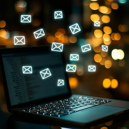 Close up of a laptop with glowing email icons symbolizing online messaging and marketing technology