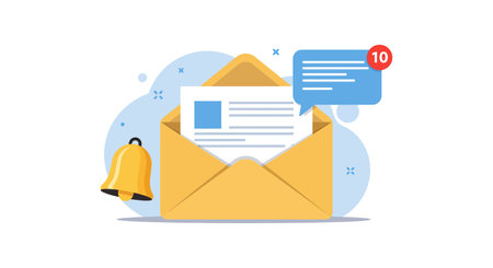 A yellow envelope contains a letter accompanied by a notification bubble and a bell icon creating an engaging communication scene