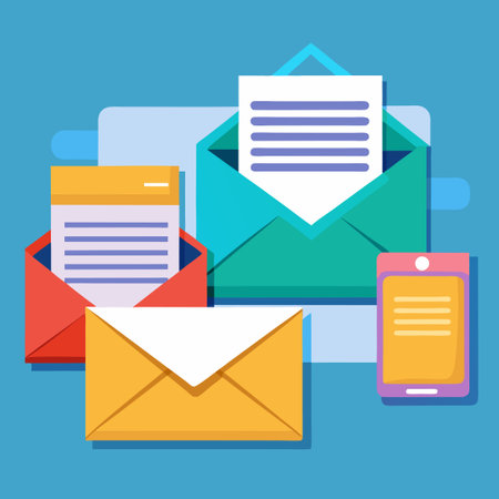 Close up view of opened and closed mail and email envelopes ready for use