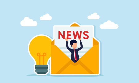 Businessman emerging from envelope near light bulb holding news text illustration of inspirational news related to business idea