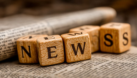 A close up of handcrafted wooden letters forming news atop an open newspaper with a rolled paper behind evoking current events and media updates
