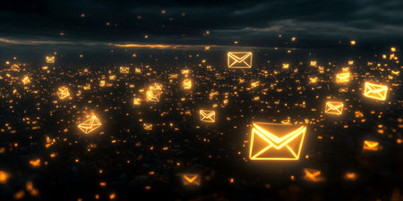 Futuristic cyber landscape with floating envelopes and digital messaging symbols in a virtual world Stock Photo