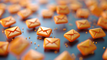 Colorful orange email icons scattered across a blue surface during a digital communication concept generative ai Stock Photo