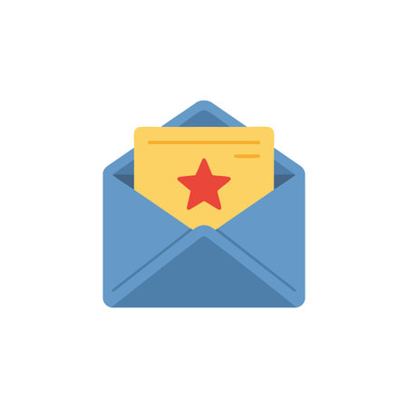 A blue envelope containing a yellow letter with a red star symbol representing message notification or special mail in flat vector style bright and clear