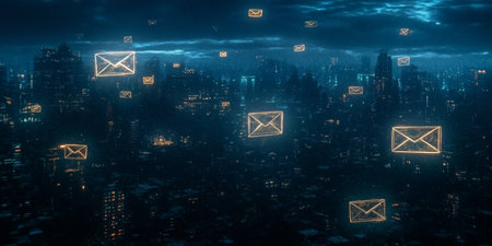 Futuristic digital cityscape with luminous mail symbols representing intergalactic data flow