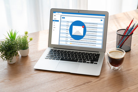 Email notification message showing on computer screen snugly digital marketing message information text from business to customer client