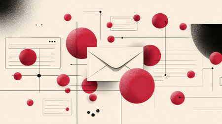 An overflowing email inbox with numerous red notification dots emphasizes a chaotic workload within a minimalist digital environment