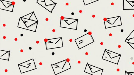 A cluttered email inbox displays numerous red notification dots highlighting an overwhelming number of messages against a simple background Stock Photo