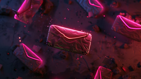 Neon glowing envelopes float in surreal digital space creating vibrant and futuristic atmosphere scene evokes sense of excitement and anticipation
