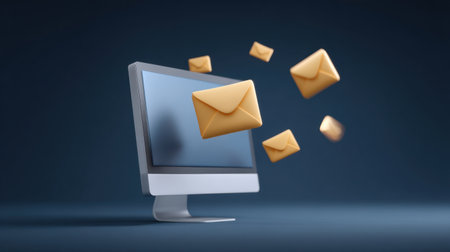 This image illustrates the concept of digital communication with a computer and envelopes flying out representing the fast paced exchange of messages in the online world Stock Photo